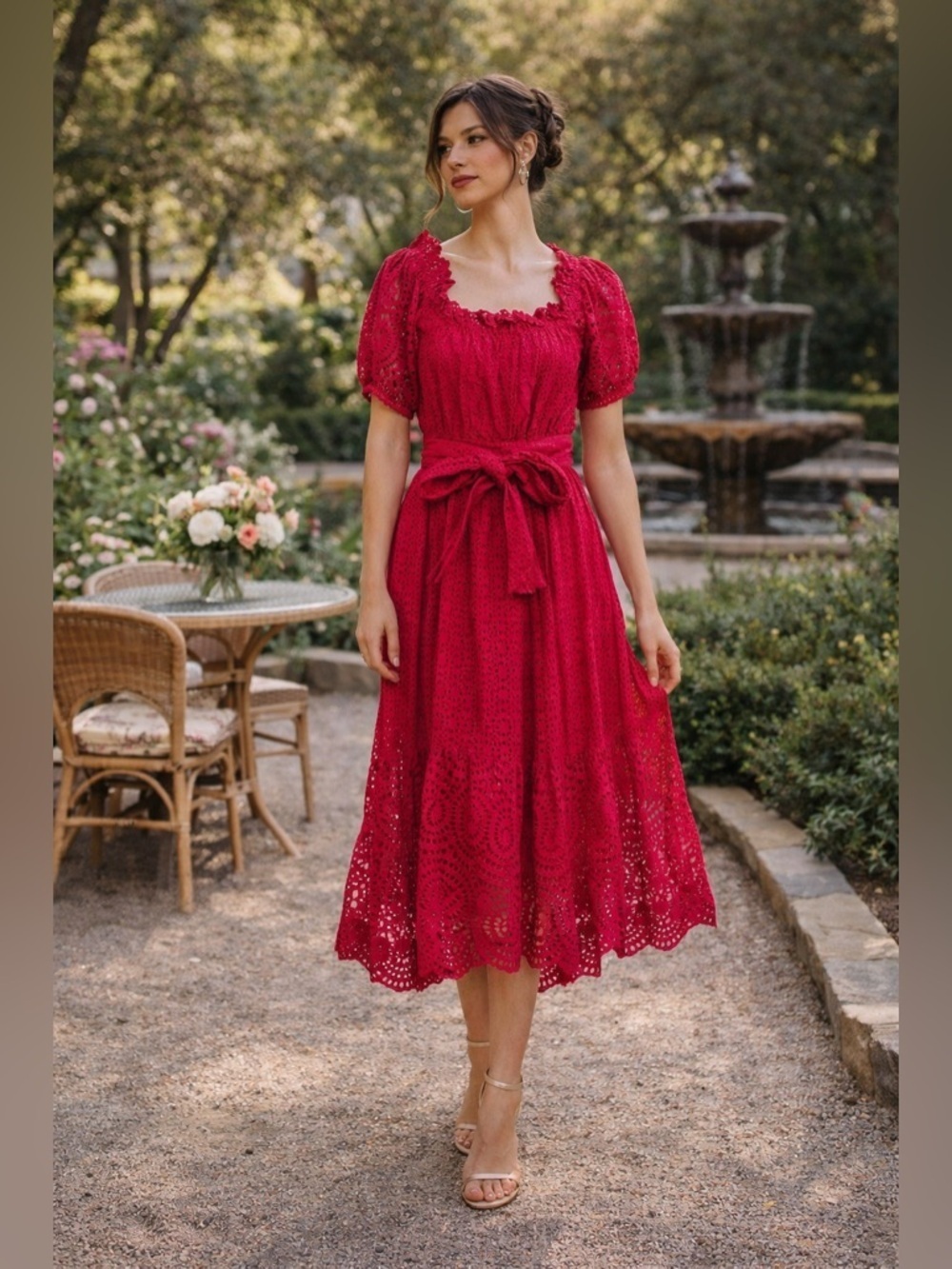 Ulla Johnson Hollie Lace Midi Dress Sz 2 Red Feminine Boho